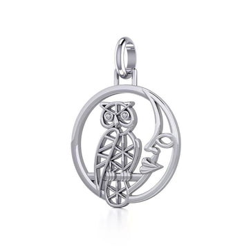 Silver Flower of Life Owl on The Moon Pendant TPD5300 - Jewelry